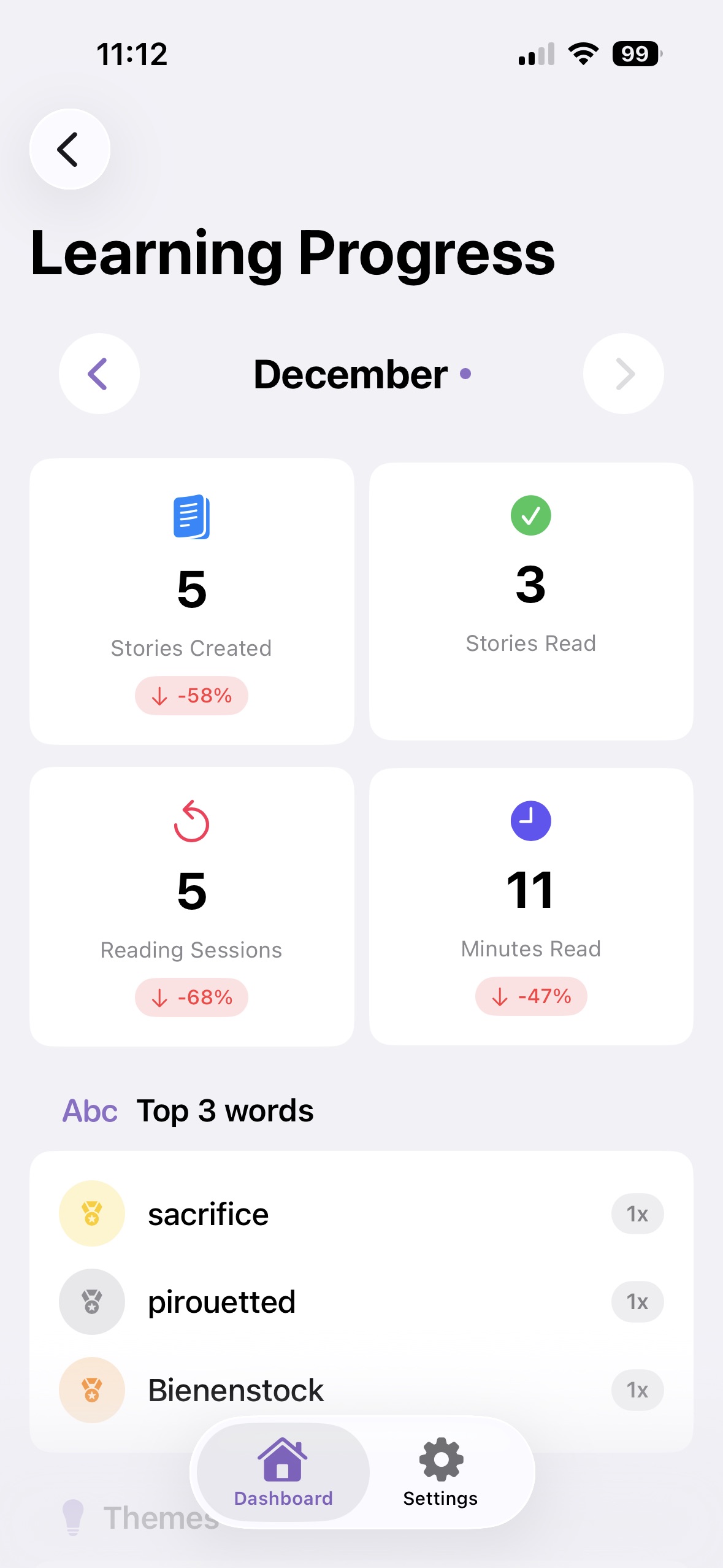 Stowly learning progress screen showing educational facts and vocabulary from generated stories