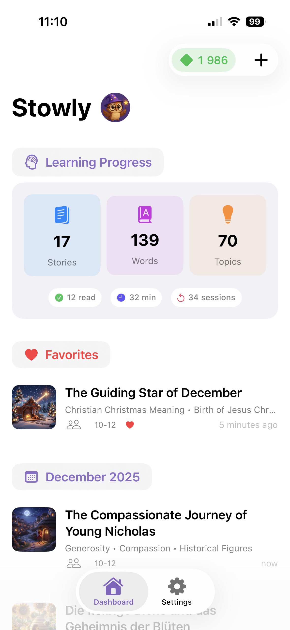 Stowly iOS app showing the main story library with personalized bedtime stories for children