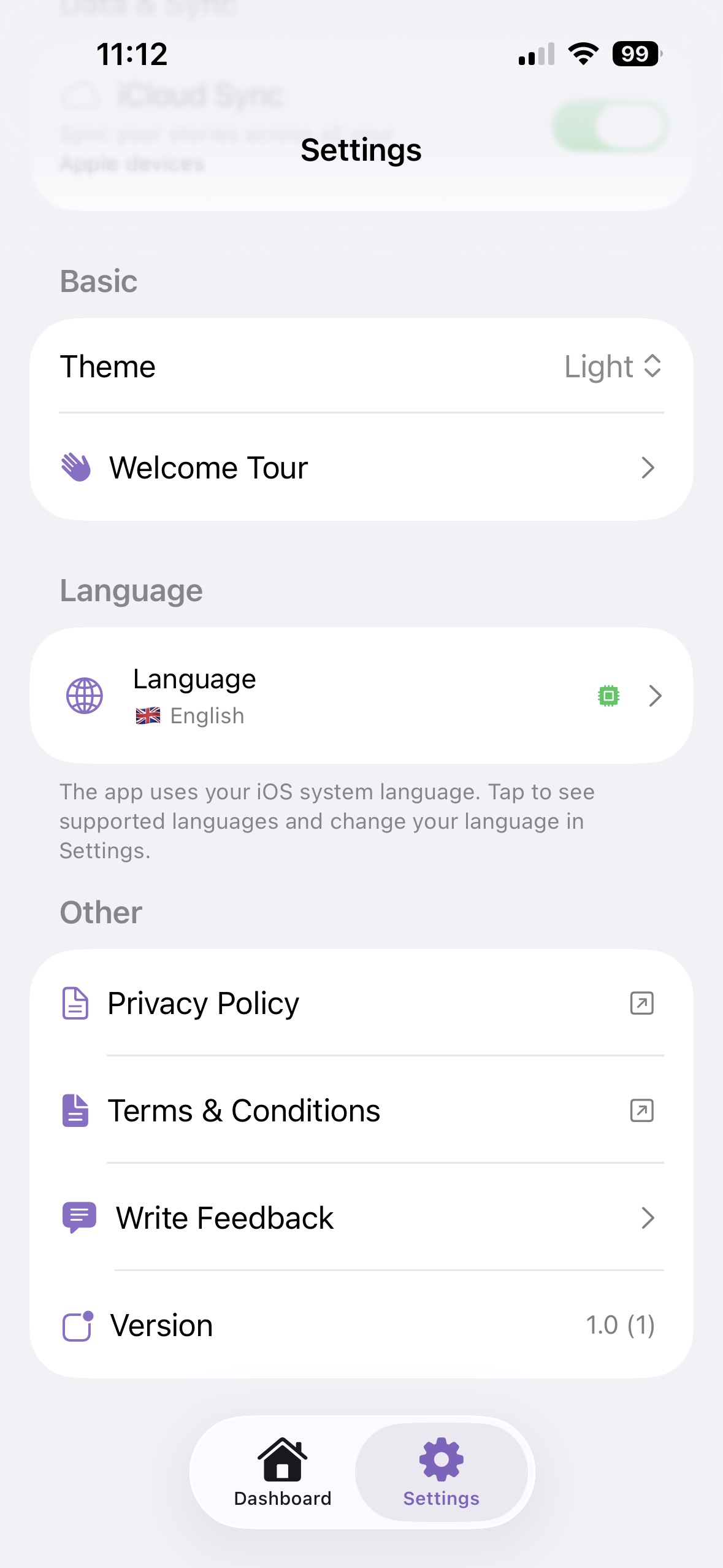 Stowly app settings screen with language selection, age range, and subscription management